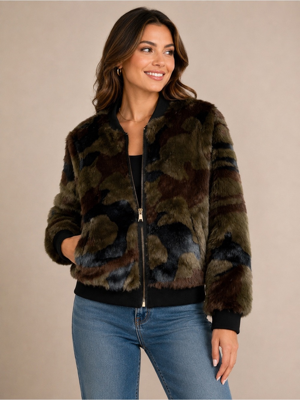 Marrakech Jacket Size L Camo Faux Fur Bomber Jacket Zip Front